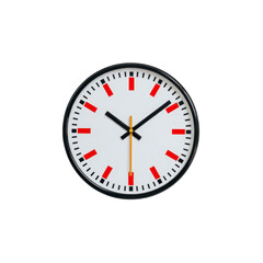 A round wall clock with white face features bold red hour markers and black minute markers. clock has black hour and minute hands, and yellow second hand, all enclosed in black frame