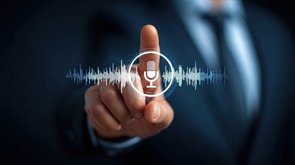 Businessman activating digital voice assistant interface with fingertip, representing smart AI technology, virtual help, and voice command system in corporate environment