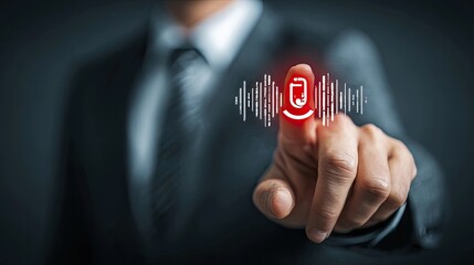 Businessman activating digital voice assistant interface with fingertip, representing smart AI technology, virtual help, and voice command system in corporate environment