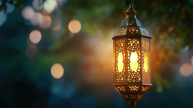 A lantern hangs from a tree branch in the evening, surrounded by natural scenery