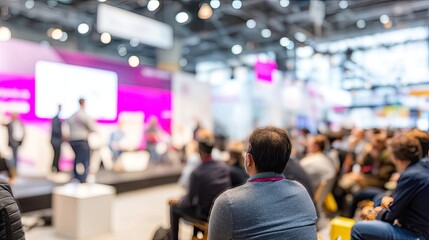 Audience attending business conference or seminar in modern exhibition hall with speaker presenting on stage during corporate event