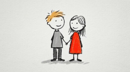 Cute crayon style drawing of a happy boy and girl holding hands, standing together and smiling with love and friendship on textured background.