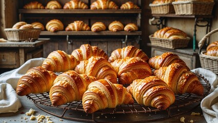 Freshly Baked Croissants on Wire Rack with Crispy Layers and Golden Texture – French Bakery Style 8K