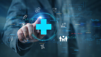 Medical professional interacting with futuristic health interface, showcasing innovation in telemedicine, digital records, and smart healthcare technology.