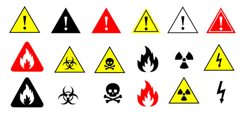Caution danger vector ,Toxic,biohazard,highvoltage,fire,Exclamation mark sign,Triangular warning symbols icon set, warning sign, Vector illustration