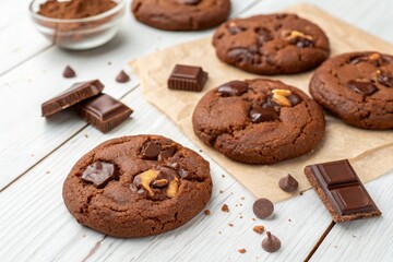Fototapeta premium Freshly Baked Gooey Chocolate Chip Cookies – Close-Up High-Resolution Food Photography