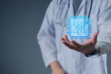 Doctor in lab coat presenting a futuristic digital chip with atom icon, symbolizing innovation in...