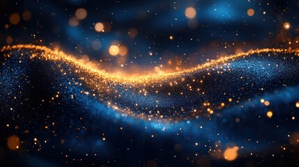 Glittering blue wave, golden particles, dark bokeh background, digital art, website banner