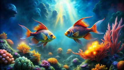 Oceanic Beauty Two Vibrant Fish Gracefully Encounter Amidst a Luminous Coral Reef