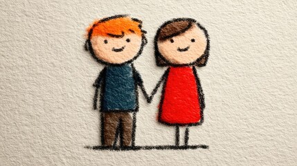 Cute crayon style drawing of a happy boy and girl holding hands, standing together and smiling with love and friendship on textured background.
