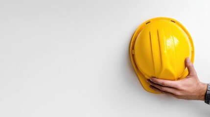 Close-Up of a Worker Holding a Bright Yellow Hard Hat Against a Minimalist Background in Construction Setting