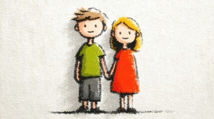 Cute crayon style drawing of a happy boy and girl holding hands, standing together and smiling with love and friendship on textured background.