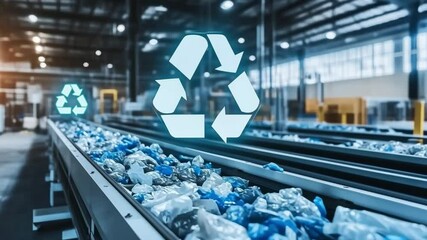 Conveyor belts sort plastic waste in an industrial facility while blue recycle symbols hover above the action