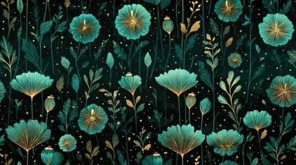 Seamless hand-drawn floral pattern with elegant green poppy flowers and golden line details on dark background, perfect for botanical textile and decorative design.