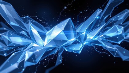 a stylized, geometric abstract with faceted, crystalline shapes and luminous accents in blue and white.