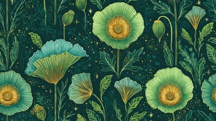 Seamless hand-drawn floral pattern with elegant green poppy flowers and golden line details on dark background, perfect for botanical textile and decorative design.