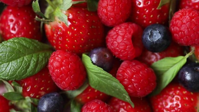 Close-Up Video of Fresh Strawberries, Raspberries, Blueberries, and Mint Leaves in a Colorful Natural Setting