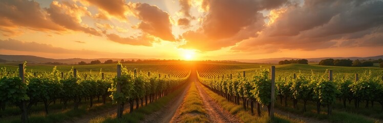 Fototapeta premium Panoramic photo vineyard at sunset. Orange sky sun. Rows green grape vines, leading path, vineyard. Countryside scenery, rural landscape, winemaking business. Agriculture farming, harvest time.