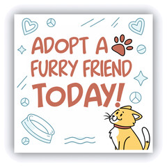 Adopt, don't shop! Creative square banner template. Naive illustration with young woman, who hugging her adopted dog with big heart on background. Flat style. Kawaii clip art with french bulldog.