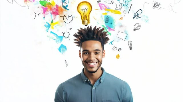 A black man looks up thoughtfully as colorful doodles and lightbulbs surround him on a white background. Ideas and creativity