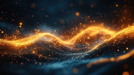 Obraz premium Golden particles flowing, dark background, digital art, website header