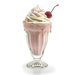 strawberry milkshake with whipped cream in glass on white background