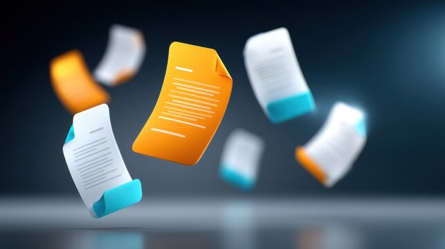 Floating Documents Highlighting Key Information and Data
