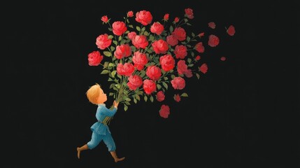 Whimsical blonde boy running with giant bouquet of red roses on black background, romantic childhood illustration symbolizing love, gift, and joy with fairytale charm