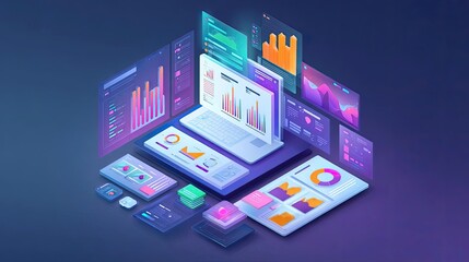 Futuristic digital dashboard with neon infographics, data visualization, charts, and analytics interfaces across multiple screens for modern technology and business analysis.