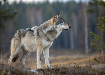 Fototapeta premium Majestic Gray Wolf in Winter Forest A Stunning Wildlife Photograph