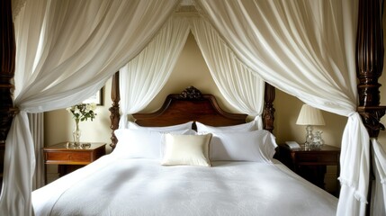 A luxurious four-poster bed with white canopy, inviting sleep and relaxation.