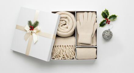 Winter scarf and gloves set in gift box with decorative elements  
