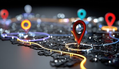 Futuristic digital map with glowing location pins.