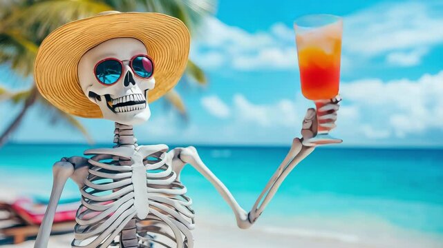 A skeleton wearing sunglasses and a straw hat raises a tropical drink while standing on a sandy beach with palm trees and ocean waves