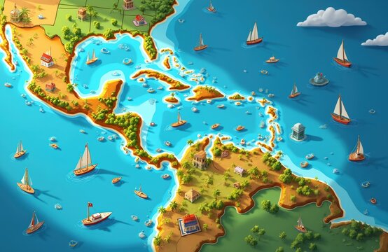 Colorful map of Caribbean islands. Tropical geography, showing Cuba, Jamaica, Bahamas, lesser islands with boats. Vivid illustration for travel, tourism, vacation, cartography.