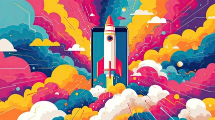 Colorful rocket launch from smartphone with dynamic cloud explosion background, symbolizing mobile innovation, creativity and startup acceleration