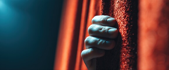 Hand gripping a red stage curtain under spotlight.