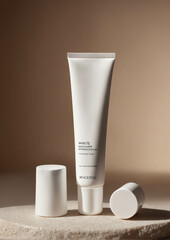 Minimalist blank white cosmetic tubes with gold bands set on neutral background