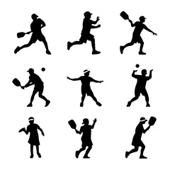 Silhouette vector set featuring pickleball elements, including paddles, court, players in action, ball, net, and scoreboard. Black icons on white background ideal for sports or recreation themes.