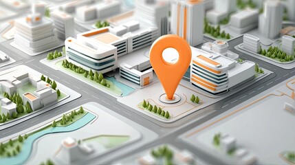 Modern 3D smart city map with orange location pin marker on urban planning layout, concept of navigation, GPS positioning, and geolocation services in digital infrastructure