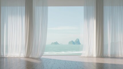 Minimalist luxury interior with panoramic ocean view and tropical islands through large glass window, modern coastal architecture and serene lifestyle concept.