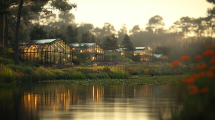 Fototapeta premium Serene glasshouses by a tranquil lake at sunrise