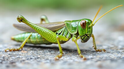 Fototapeta premium Green grasshopper on rock, blurred background, nature macro