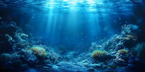 Fototapeta premium Underwater scene featuring coral reefs sunlight and fish swimming in the deep blue ocean water
