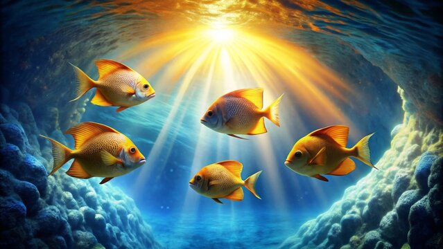 Radiant Sunbeams Illuminate a School of Golden Fish Swimming in a Vibrant Underwater Reefscape