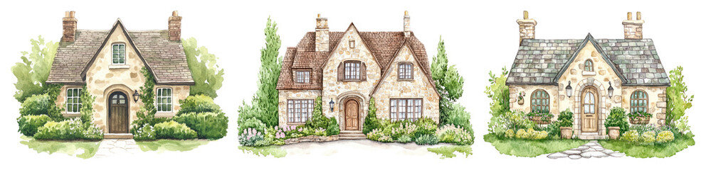 Fototapeta premium PNG Charming rustic cottage illustrations, element set on transparent background