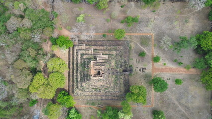 Drone Aerial Footage of Koh Ker Pyramid, Ancient Temple Complex, Cambodia..
