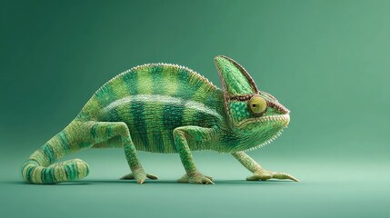 Realistic green chameleon standing on plain green background, showcasing vivid skin texture and natural camouflage pattern in a minimal studio setup