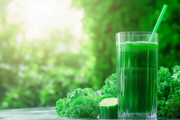 Tall glass of green juice with ingredients like kale, spinach, cucumber, and a straw
