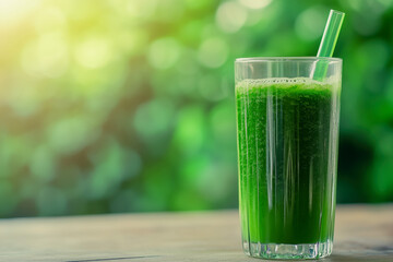 Tall glass of green juice with ingredients like kale, spinach, cucumber, and a straw